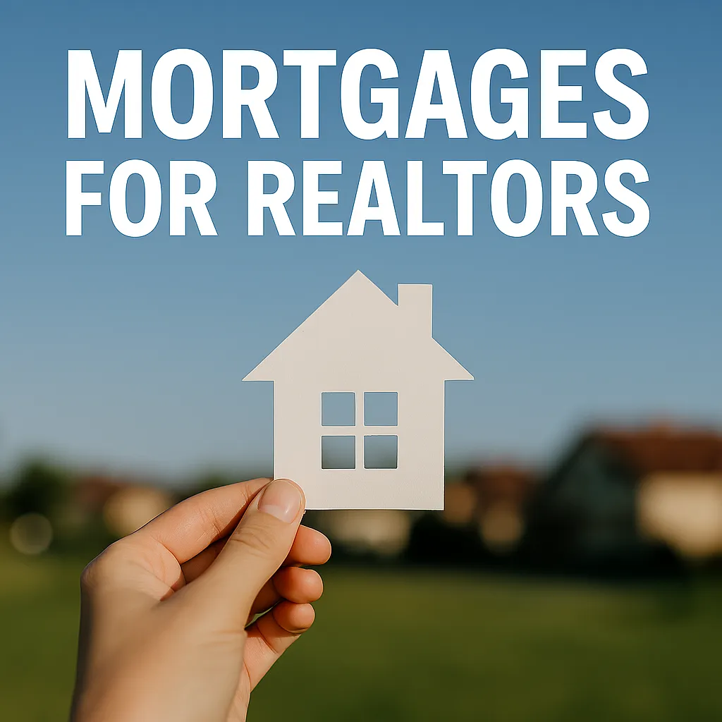 A hand holding a cut-out white paper house with windows in front of a blurred background, with the text 'MORTGAGES FOR REALTORS' displayed at the top.