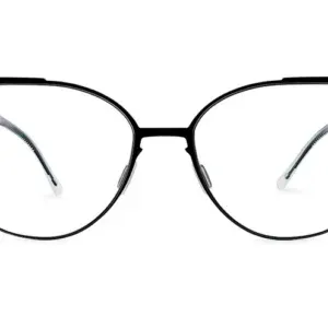 Black cat-eye glasses featuring a minimalist design, highlighting luxury eyewear style from the 'Quiet Luxury' collection by Enjoy Optical.