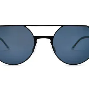 Luxury black sunglasses with round blue lenses, representing the 'Quiet Luxury' theme in eyewear collection by Enjoy Optical.