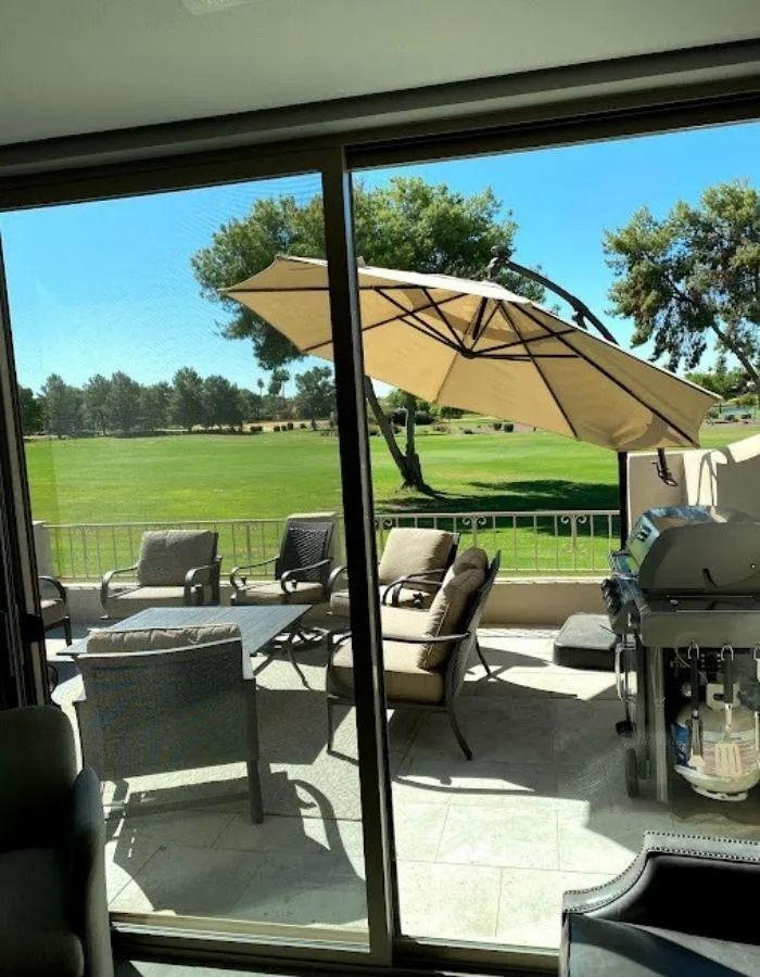 Spotless patio doors and windows overlooking golf course cleaned by Clean View Window Washing Scottsdale