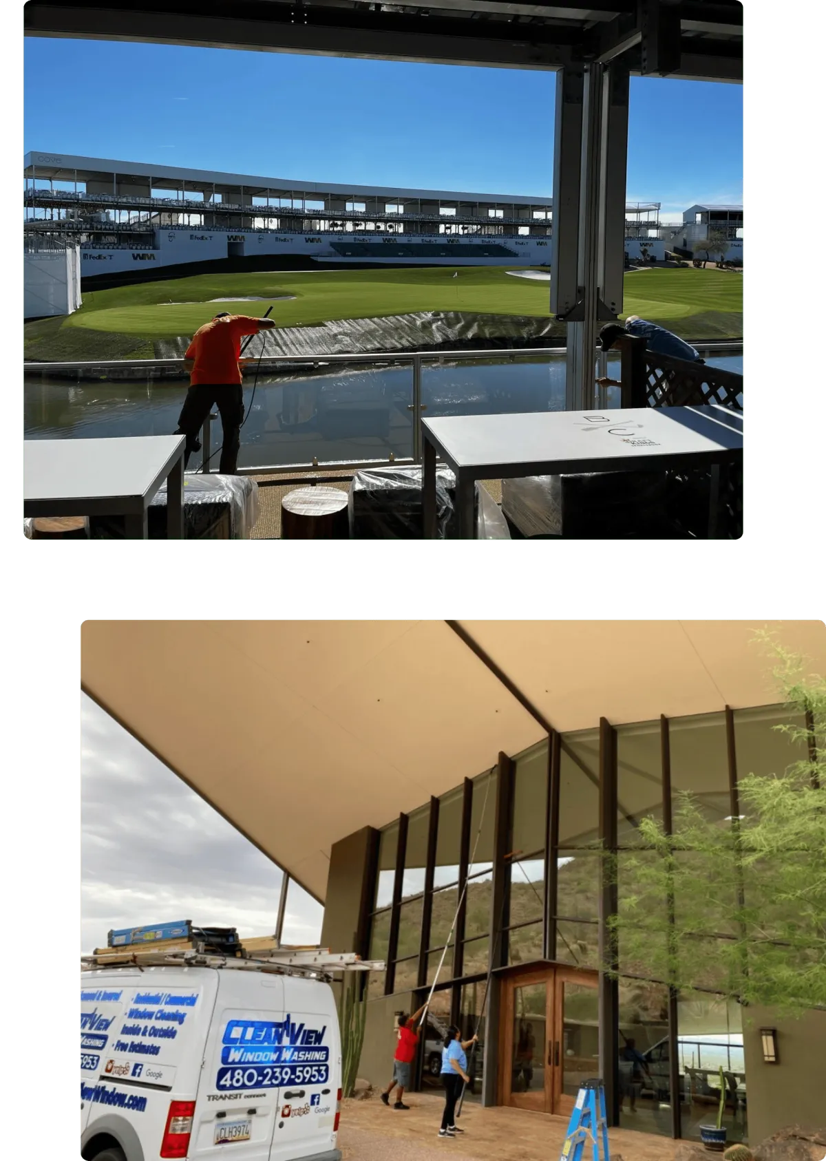 Window cleaning professional reaching high windows with telescopic cleaning pole at stone mansion