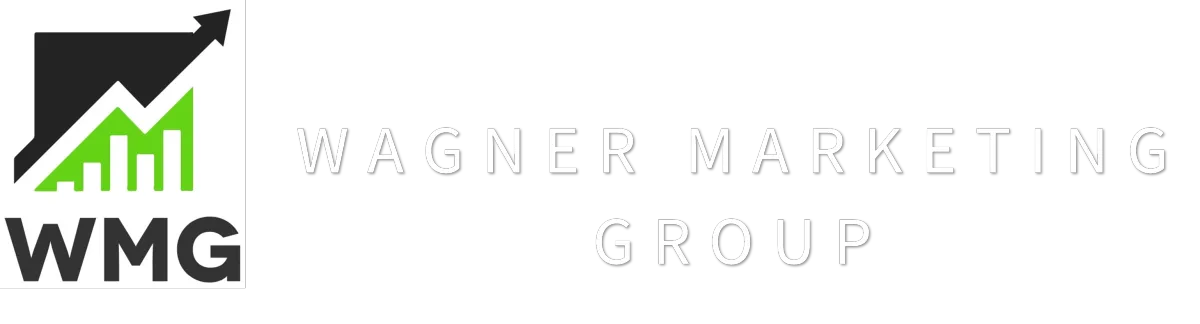 The Wagner Marketing Group logo features an upward-sloping bar graph split by a white line. The black upper portion contains a white arrow pointing upwards, while the green lower portion represents the upward scaling growth of a successful marketing campaign. The company name, 'Wagner Marketing Group', is written in white to the right of the graph, with the letters 'WMG' in black below the name. The logo represents the company's focus on helping businesses grow through effective marketing strategies and services.