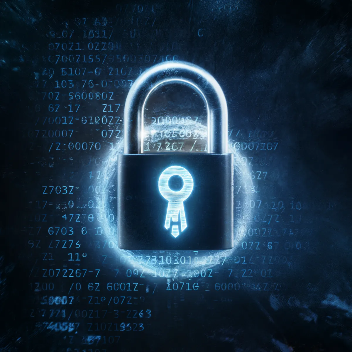 A glowing padlock is depicted in the center of the image against a dark, abstract background filled with binary code. The padlock features a keyhole symbol, representing digital security and data protection.