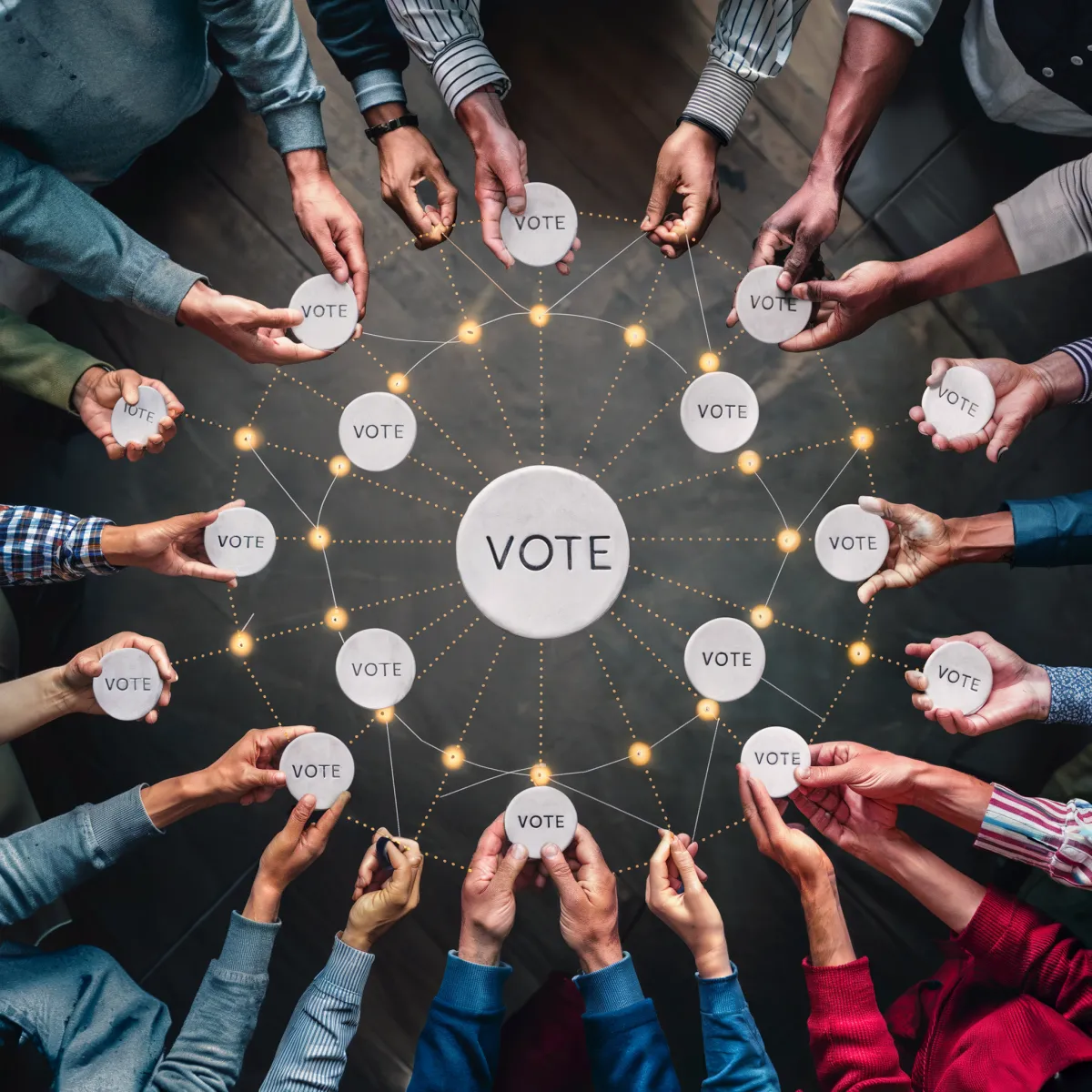 A diverse group of people arranged in a circle, each holding a small card with the word "VOTE." In the center is a larger card also reading "VOTE." The image symbolizes unity and collective participation in the voting process.