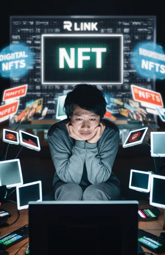 A person in a gray hoodie is seen looking at a screen, surrounded by floating screens displaying the word "NFT" and various digital assets. The background features a large central screen with "NFT" prominently displayed and the text "R LINK" above it.