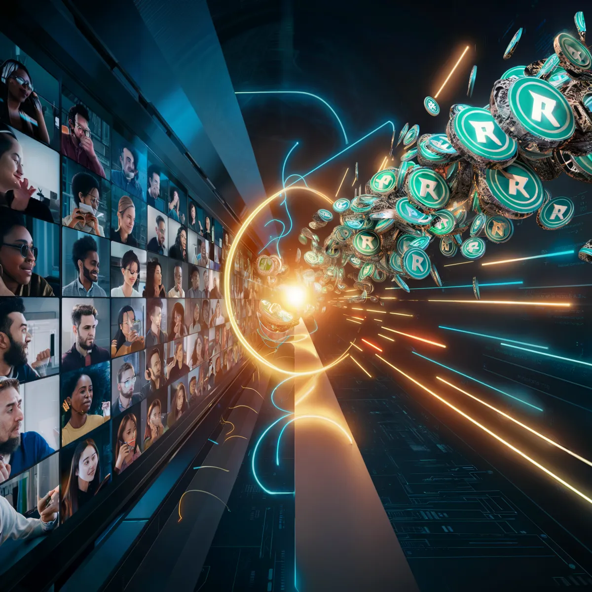 Image depicting a virtual meeting with a grid of diverse participants on one side and futuristic blockchain coins with "R" symbols and digital light trails on the other, symbolizing the intersection of technology, finance, and remote collaboration.