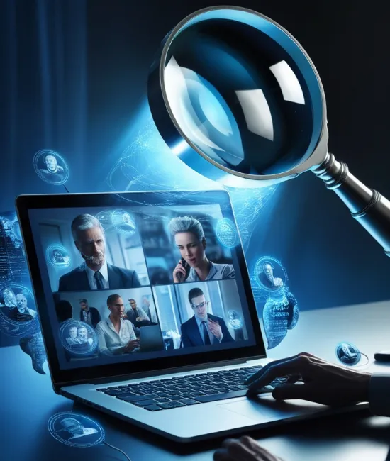 A person is using a laptop with multiple images of people on its screen, likely in a video call. A large magnifying glass hovers above the laptop, symbolizing scrutiny or investigation. The background is lit in blue hues, adding a futuristic ambiance.