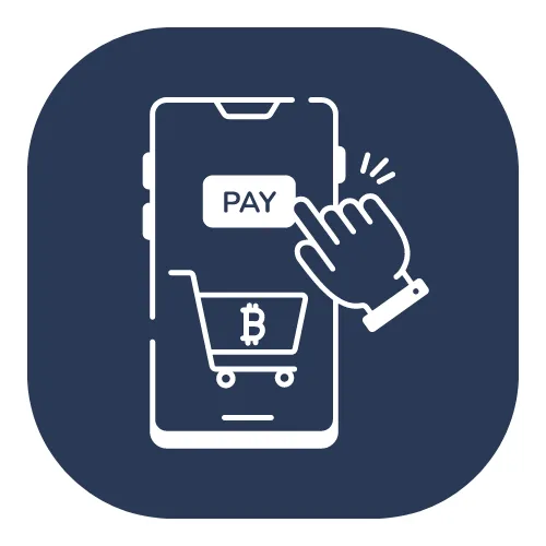 A white illustration on a dark blue background depicts a smartphone screen with a shopping cart containing a bitcoin symbol. A hand icon is shown pressing a "Pay" button above the cart. The image signifies making a payment using cryptocurrency.