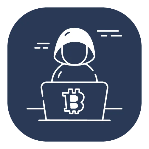 A white stylized illustration of a person wearing a hoodie, sitting in front of a laptop with the Bitcoin symbol on the screen. The background is a dark navy blue rounded square with simple line details.