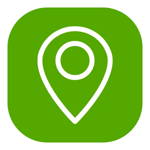 A green square icon with rounded corners features a white map pin or location marker symbol in the center. The pin has a circular cutout near its top, indicating a point of interest or a specific location.