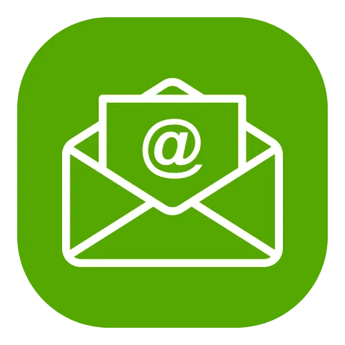 A green square icon with rounded corners features a white outline of an envelope. Inside the envelope, there is a piece of paper with an '@' symbol on it, representing email.