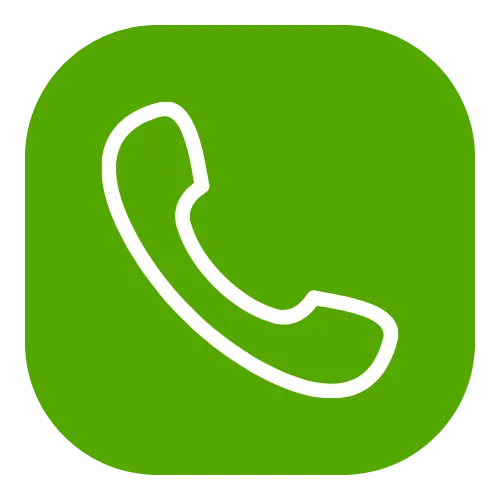 Green square icon with rounded corners, featuring a white outline of a traditional telephone handset positioned at a diagonal angle, suggesting a phone call or telecommunications.