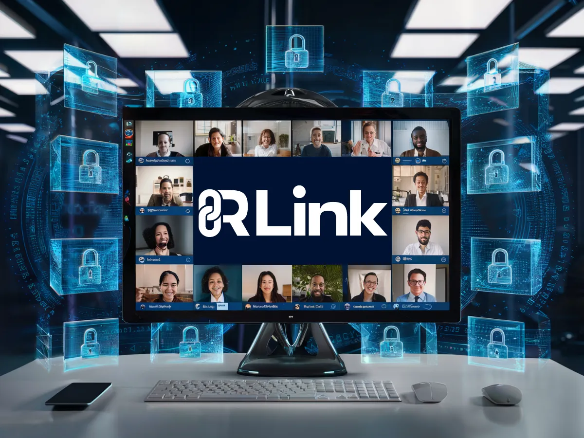 A virtual meeting on a computer screen shows multiple participants. The screen proudly displays the "R-Link" logo, with digital padlock icons surrounding the interface, emphasizing a strong focus on security.