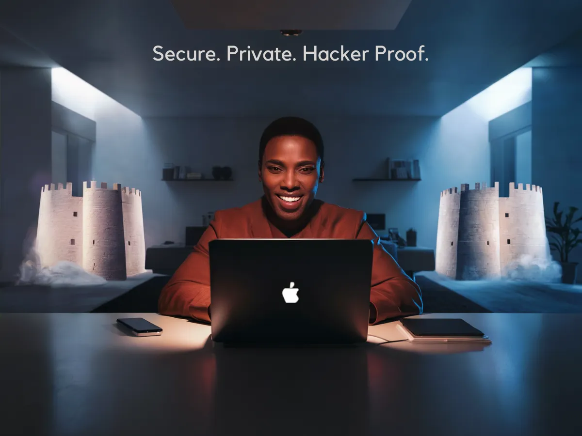 A person using a laptop is framed by CGI castles and text stating, "Secure. Private. Hacker Prote." The scene is set in a modern, blue-lit room, with the R-Link logo visible.