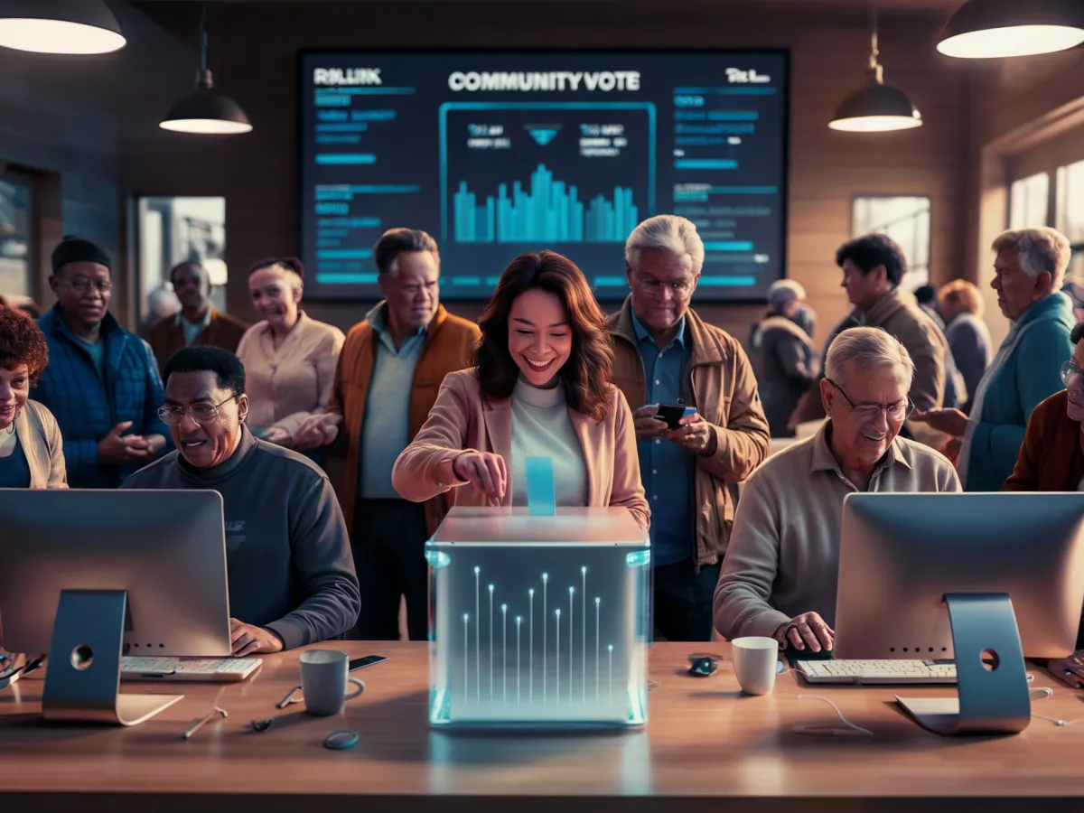 A diverse group of people engaged in a community voting event. A woman places her vote into a glowing ballot box, while others work on computers and observe. A large screen behind them displays real-time voting data and the text "COMMUNITY VOTE" at the top.