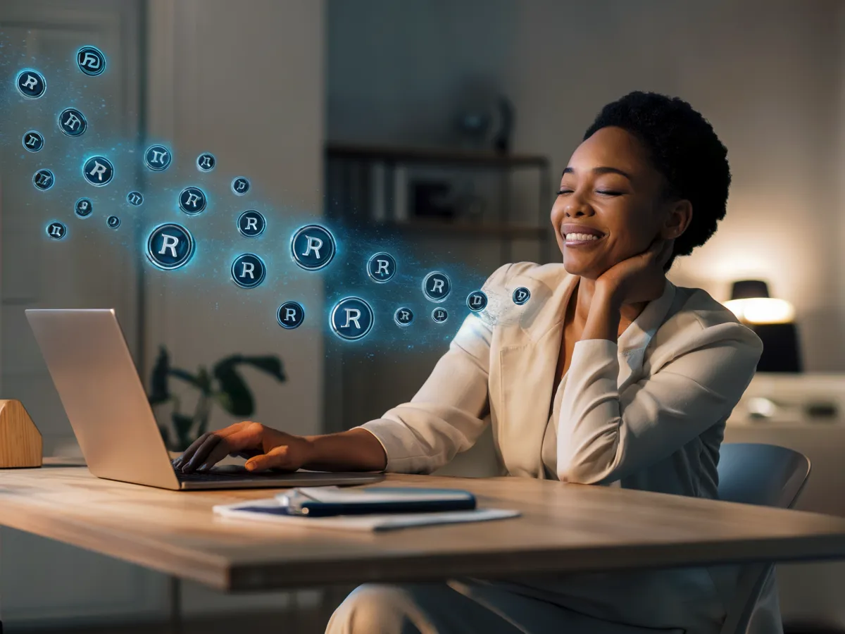 A woman in a bright office is smiling and looking at her laptop. She touches her neck with her left hand. Digital icons, including dollar signs, and other symbols swirl around the laptop, suggesting online activity or virtual transactions.