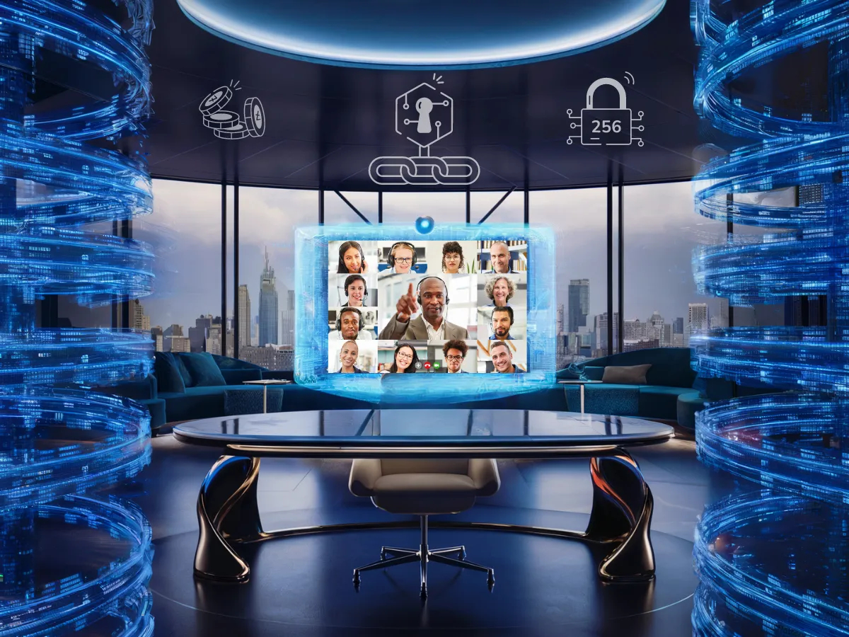 A futuristic office with a large screen displaying a video conference featuring multiple participants. The room is surrounded by holographic blue light trails and blockchain icons with a city skyline visible through the large windows in the background.