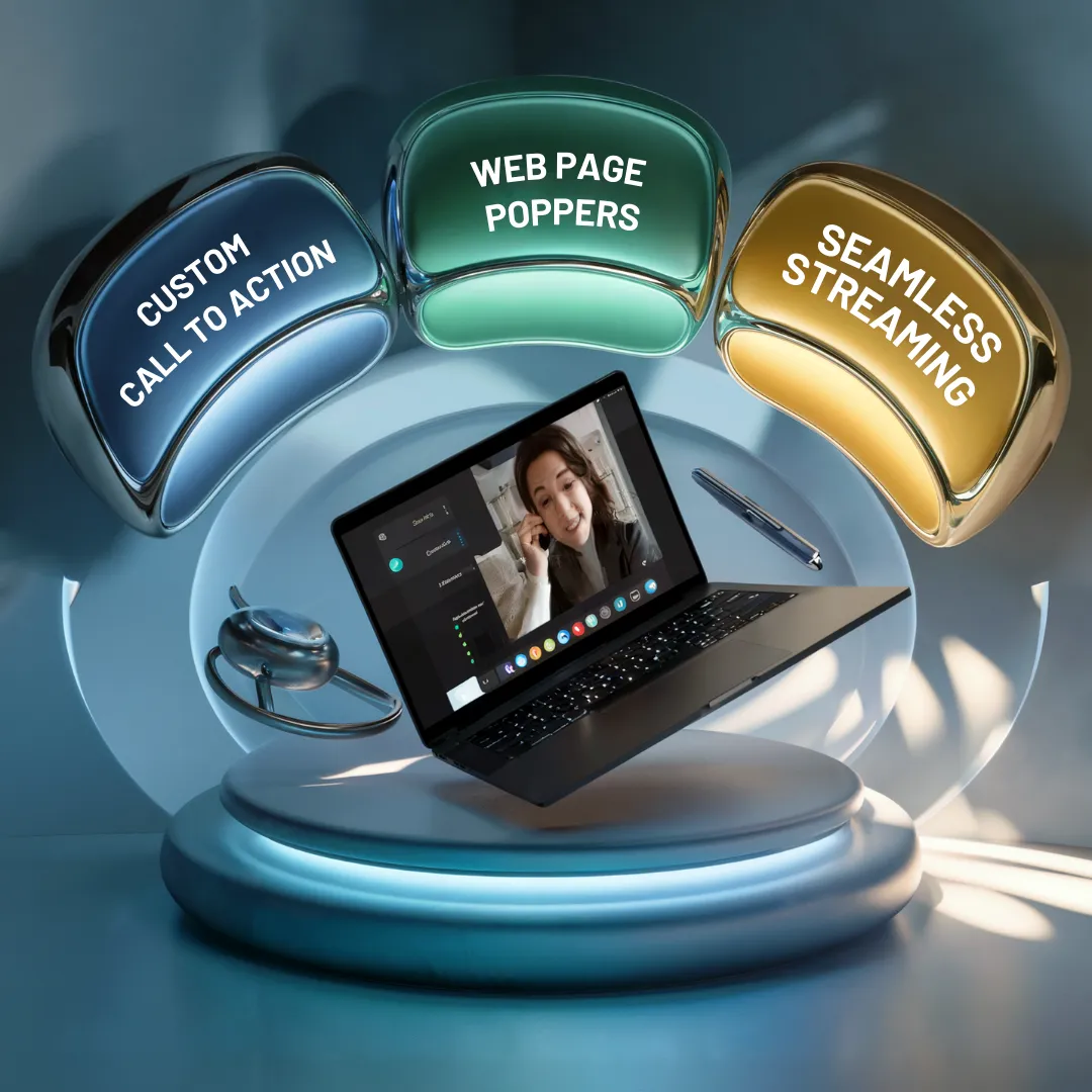 A laptop on a futuristic stand displaying a video call with a woman. Surrounding the laptop, three illuminated buttons read "CUSTOM CALL TO ACTION," "WEB PAGE POPPERS," and "SEAMLESS STREAMING." A pen and stethoscope are placed near the stand.