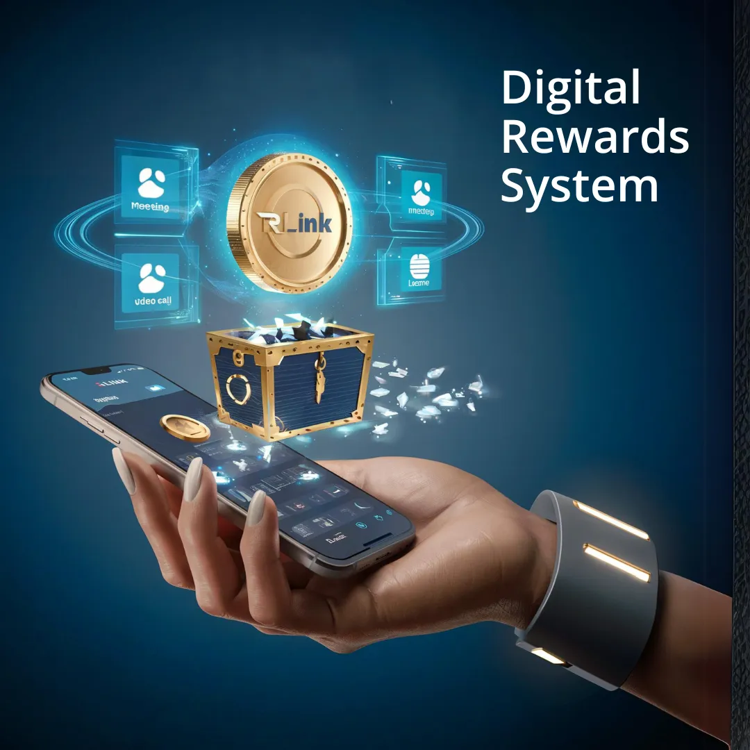 A digitally rendered image of a hand holding a smartphone with an app displaying a coin icon. Above the phone, a floating golden coin, a treasure chest, and holographic screens labeled "Meeting," "Video Call," and "To-do List" are visible. Text reads "Digital Rewards System.