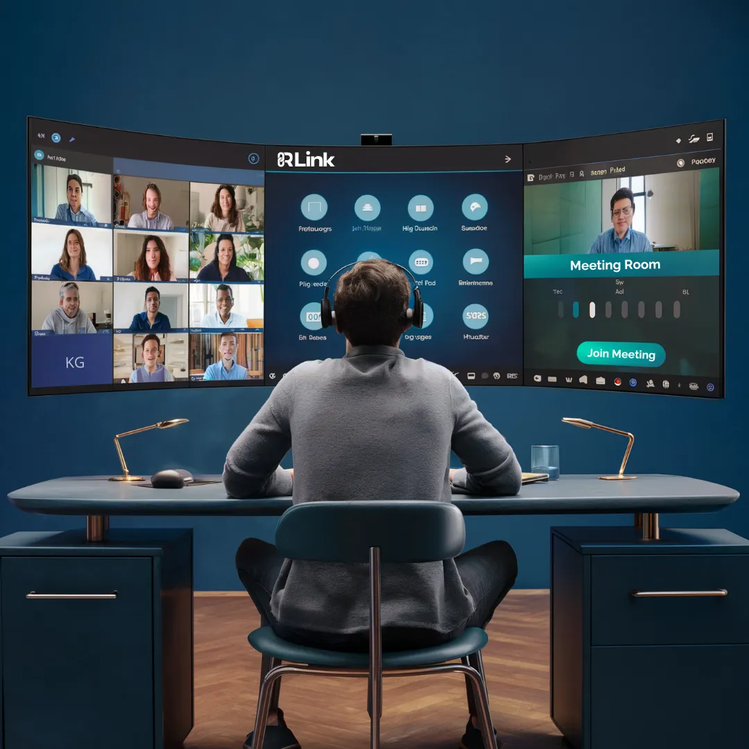 A person is sitting at a desk with a dual-monitor setup engaged in a video conference. Both screens show multiple participants in a virtual meeting and various control icons. The person wears a headset, looking at the screens in a modern, blue-themed room.