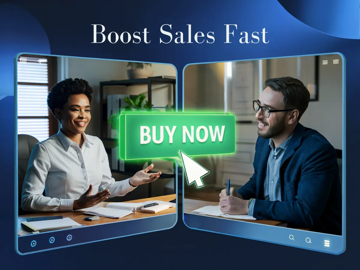 Two professionals having a video call, discussing sales strategies. The screen displays a large green "BUY NOW" button with a cursor pointing at it. The background shows office settings, and a text overlay at the top reads "Boost Sales Fast.