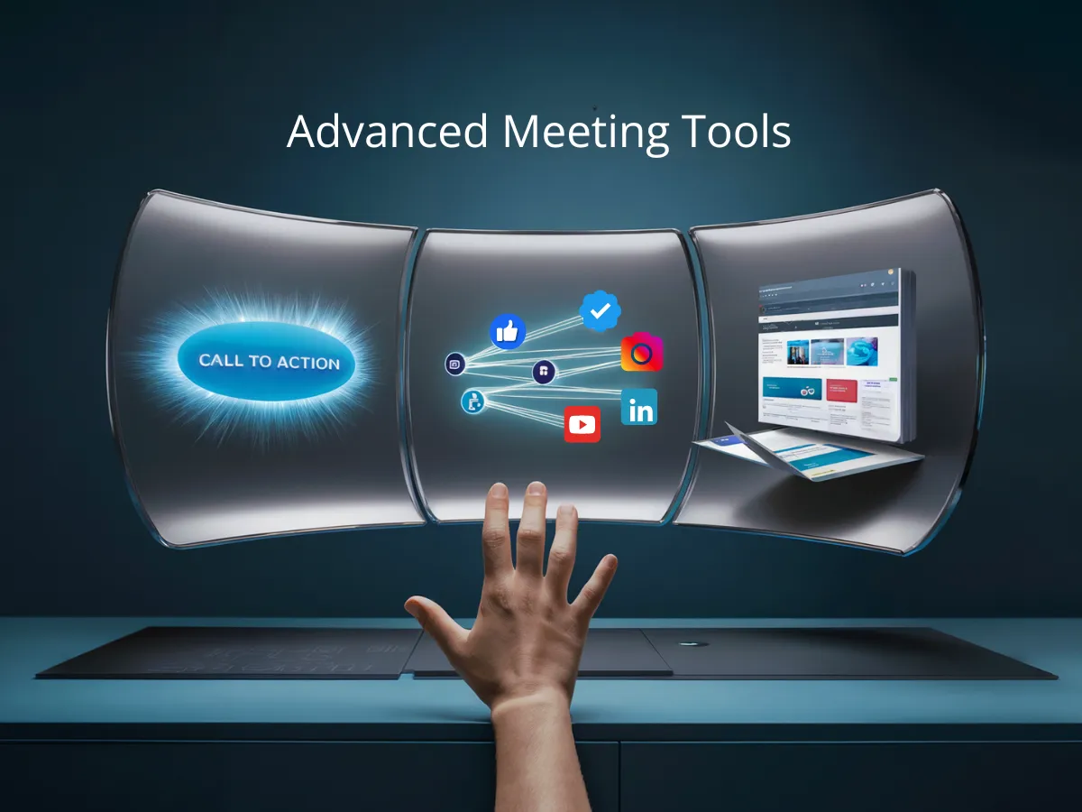 A futuristic digital interface showing three curved screens. The left screen features a "Call to Action" button, the middle screen shows various app icons connected by lines, and the right screen displays a webpage. A hand reaches towards the middle screen. "Advanced Meeting Tools" text is above.