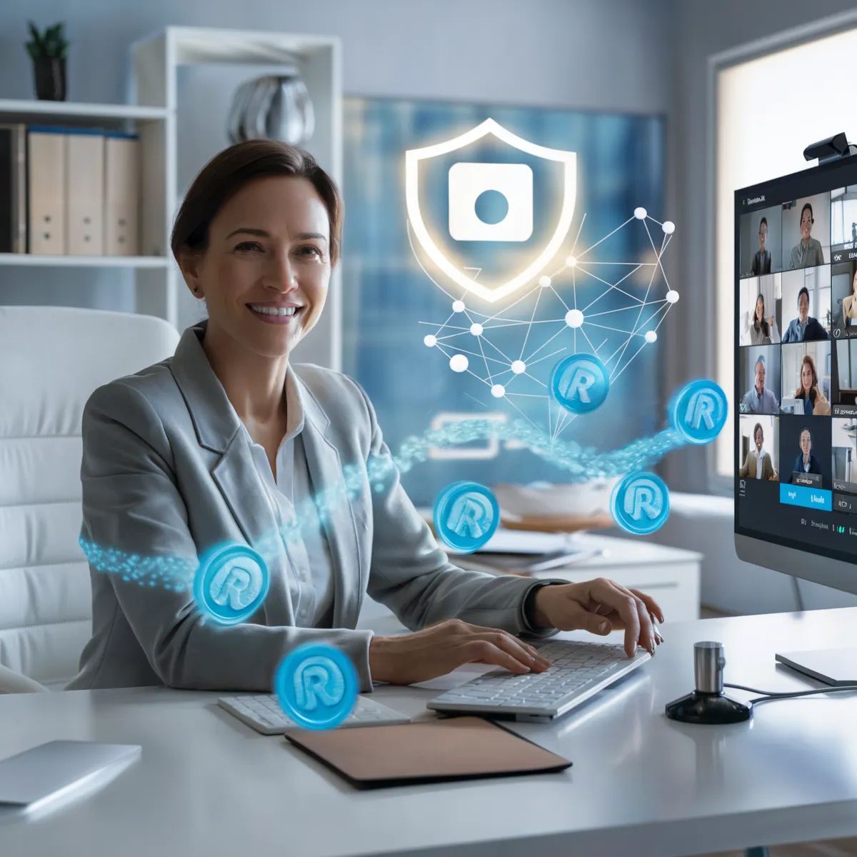 A businesswoman in a gray suit sits at a desk in a modern office, smiling at the camera. A computer monitor displays a virtual meeting with several participants. Digital icons of shields and connected nodes surround her, representing cybersecurity.