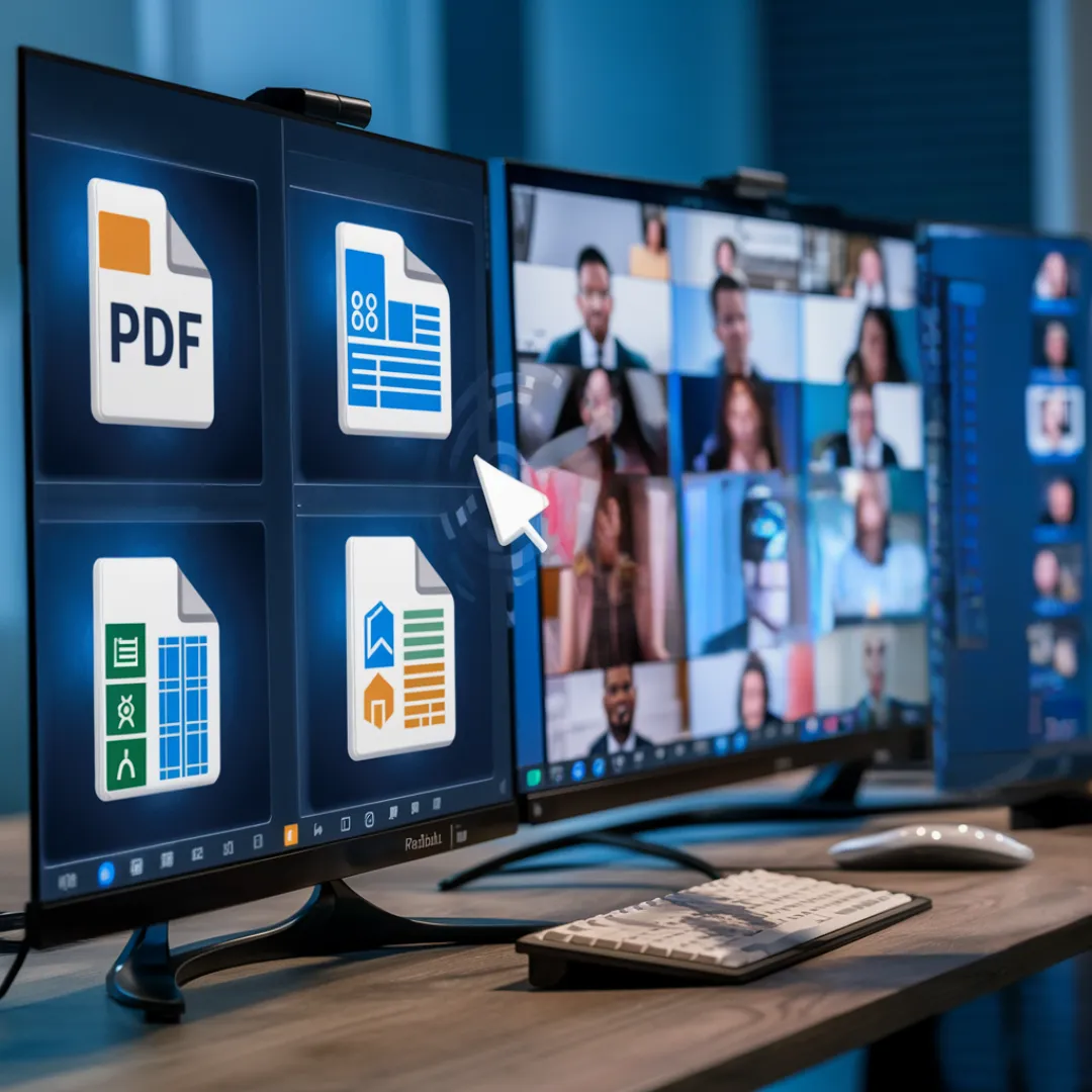 A workspace with a wooden desk featuring three large monitors. The closest monitor shows icons for PDF, document, spreadsheet, and presentation files. The other two monitors display a virtual meeting with multiple participants. A keyboard and mouse are also on the desk.