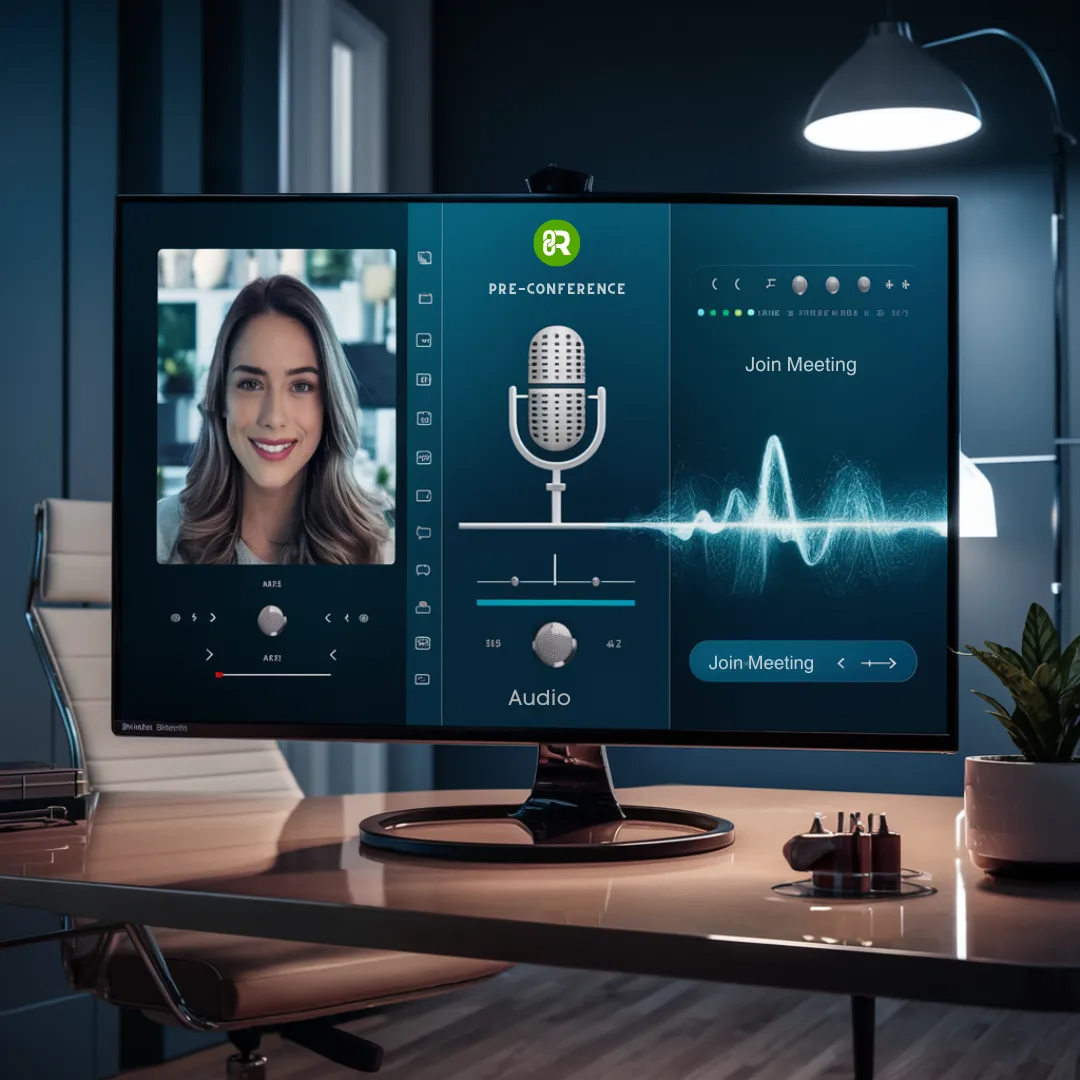 A computer screen shows a video conferencing interface with a smiling woman on a video call. The screen has options for adjusting audio settings and buttons to join a meeting. The setup is on a neat desk with a modern chair and a dimly lit, stylish office background.