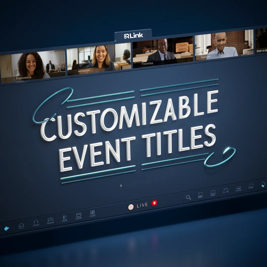 A virtual event screen displays the text "Customizable Event Titles" in large, glowing letters. The top of the screen shows video call participants in small boxes with names. At the bottom, there are icons for various controls, and a red "Live" indicator is visible.