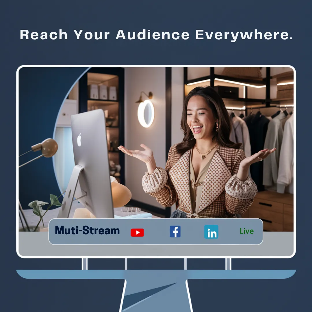 A woman enthusiastically gestures while facing a computer screen. The screen displays streaming platform icons including YouTube, Facebook, LinkedIn, and a "Live" button. Text at the top reads, "Reach Your Audience Everywhere." A stylized monitor frame surrounds the image.