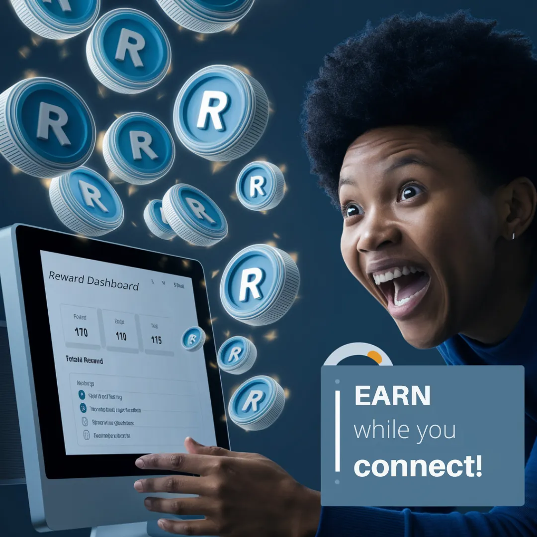 A person excitedly looks at a computer screen displaying a "Reward Dashboard" with points and total rewards. Floating coins with the letter "R" surround them. A text box reads, "EARN while you connect!" The setting is lively and motivational.