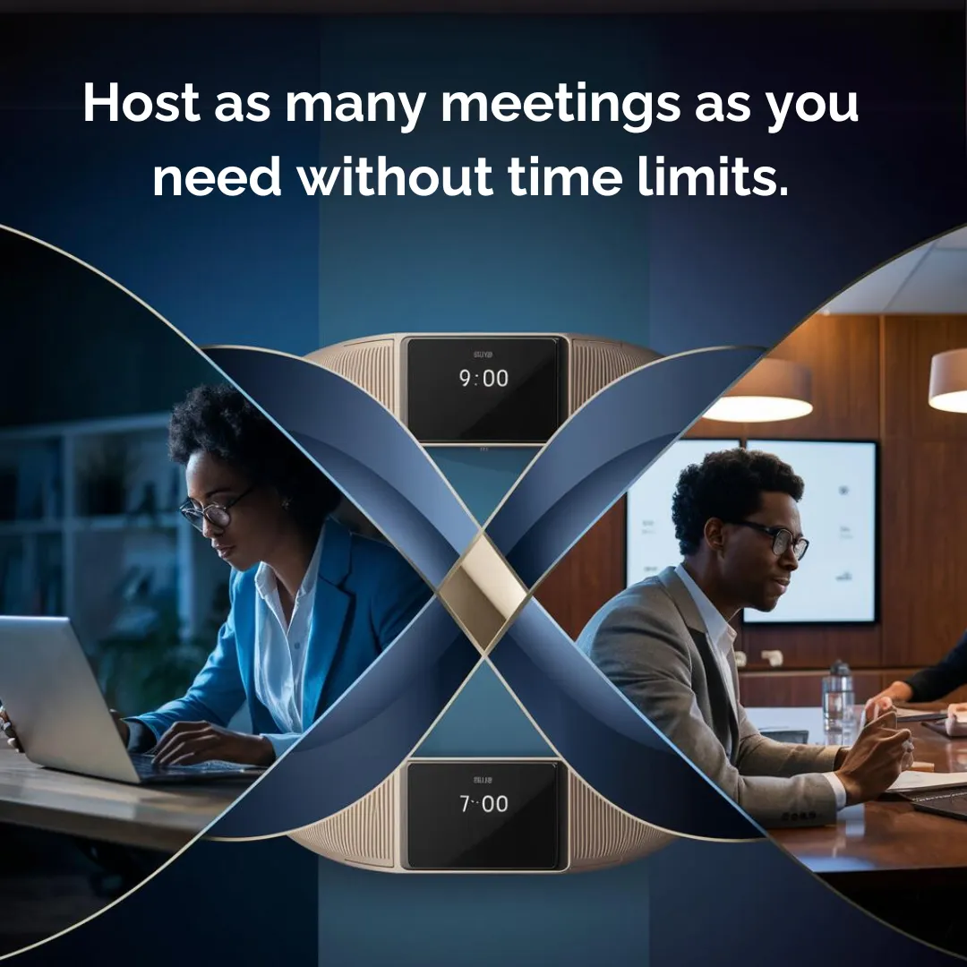 Image showcasing two individuals working on laptops, one in a blue-lit room and another in a warmly-lit meeting room. Between them, a smart device displays different times (9:00 and 19:00). Text above reads, "Host as many meetings as you need without time limits.