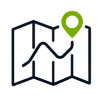 Icon of a folded map with a curving route line and a green location pin marker on top, indicating a specific destination.
