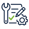 A blue outline icon showing a wrench, a pencil, a clipboard, and a gear with a green checkmark, representing tools, settings, and completed tasks or approval.
