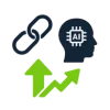 Icon showing a chain link, a human head with an AI chip, and two green upward arrows, representing AI, connectivity, and growth or progress.