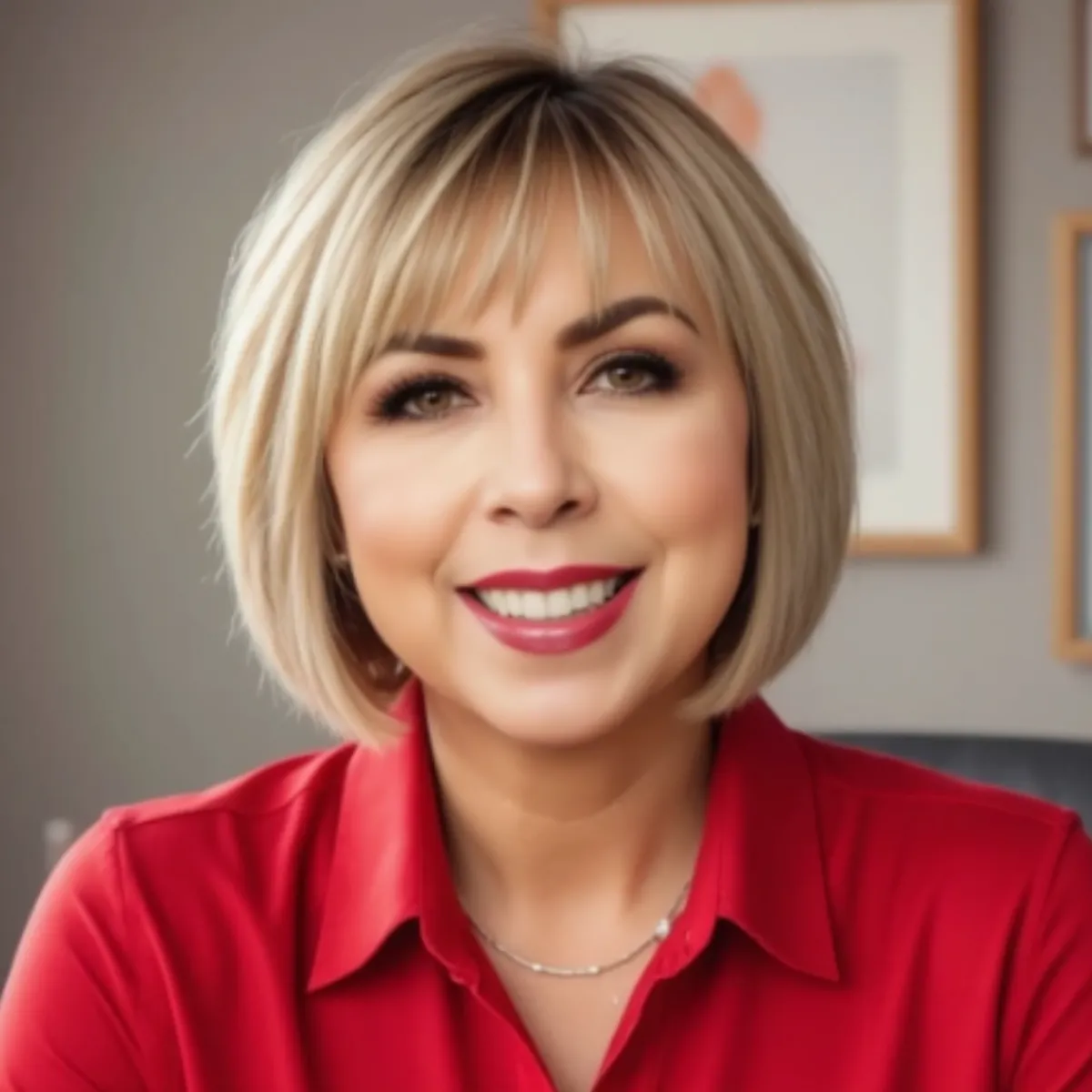 Kim Garst with short blonde hair and bangs, wearing a red blouse and a necklace, smiles while sitting indoors. The background shows a gray wall with framed pictures.