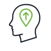 Outline of a human head in profile with a green location pin featuring an upward arrow inside, symbolizing ideas related to growth, progress, or future-thinking.