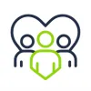 Icon of three people outlined, with a heart shape above them and a green hand in front symbolizing support, care, and community.