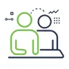 Two outlined human figures, one green and one dark blue, are shown with abstract icons including a dotted arrow, a rising graph, and small circles, representing collaboration or teamwork concepts.