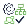 A graphic showing a gear, two hierarchical flowcharts, and a check mark, symbolizing process management, workflow, or systems approval.