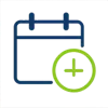 ImaAn outline of a calendar with two rings at the top and a green circle containing a plus sign in front of it, symbolizing adding a new event or appointment.ge