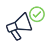 Outline of a megaphone with a green checkmark in a circle beside it, representing approved or successful communication or announcement.