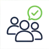 Icon of three outlines of people with a green circle above them containing a checkmark, symbolizing group approval or team selection.