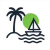 A simple illustration of a palm tree, a sailboat on water, and a green sun or moon in the background, suggesting a tropical or beach scene.