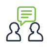 Icon of two people outlined in dark blue with a green speech bubble containing lines above them, symbolizing communication or conversation.