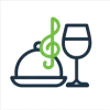 A graphic of a covered food dish, a wine glass, and a green musical note, representing dining, drinks, and music.