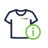 Outline of a t-shirt with a small logo on the left chest and a green circle containing a lowercase "i" icon in front of the shirt, symbolizing information.