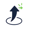 A dark blue upward arrow curves out of a circular base, with two small green shapes resembling motion or speed lines near its tip.