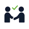 Two dark blue human figures shaking hands with a green check mark above them, symbolizing agreement or successful partnership, on a plain background.